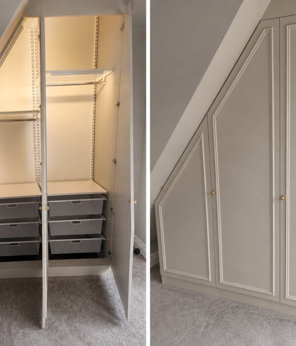 Måttanpassad garderob med Elfa-system och LED-belysning. Platsbyggd garderob under snedtak med Elfa-inredning och LED-belysning med dörrsensor.